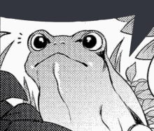 a black and white drawing of a frog with a speech bubble behind it .