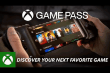 a person is holding a cell phone with a game pass app on the screen .