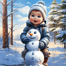 a little boy is holding a snowman with a carrot on his nose