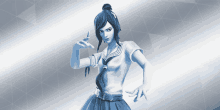 a blue and white drawing of a girl with a ponytail