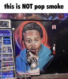 a painting of a man smoking a cigarette with the caption " this is not pop smoke "