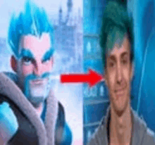 a man with blue hair and a beard is next to a man with green hair and a beard .