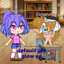 a girl with purple hair is standing next to a girl with blonde hair who is sitting at a desk