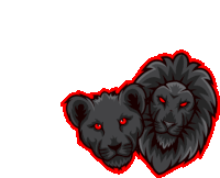 a black lion and a black lion cub with red eyes