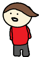 a cartoon drawing of a man with a red shirt and black pants