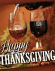 a happy thanksgiving card with two glasses of wine