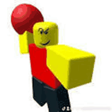 a yellow and red roblox character is holding a red boxing glove and a red ball .