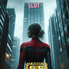 a woman in a spider man costume is standing in front of a building that says slot