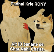 a doge is standing next to another doge with the words " alt id banana se ghar nahi chalta " written on it