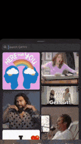 a phone screen shows a search for giphy