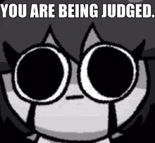 a black and white cartoon character with the words you are being judged