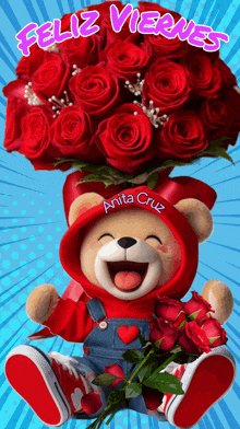 a teddy bear holding a bouquet of red roses with the name anita cruz on it