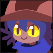 a cartoon character with a hat and yellow eyes is smiling .