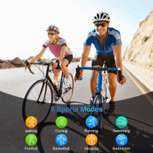 a man and a woman riding bicycles on a road with 8 sports modes listed