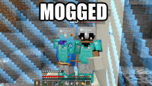 two minecraft characters are standing next to each other with the word mogged written above them