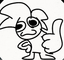 a black and white drawing of a cartoon character giving a thumbs up sign