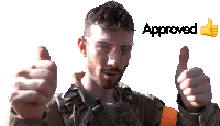 a man in a military uniform is giving a thumbs up with the word approved behind him