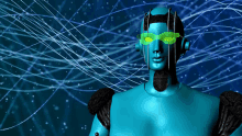 a blue robot with green eyes is surrounded by a blue background