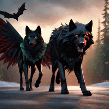 two black wolves with red eyes and wings are walking on a snowy road