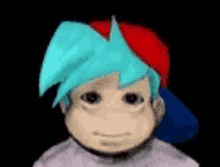 a close up of a person 's face with blue hair and a red hat .