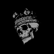 a black and white drawing of a skull wearing a bandana and a crown .