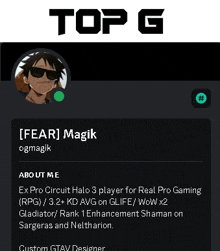 a screenshot of a person 's profile that says topg