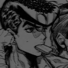 a black and white drawing of a man licking another man 's face