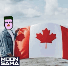 a man holding a canadian flag with a pixel face