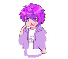 a drawing of a girl with purple hair wearing a purple hoodie and a white shirt .