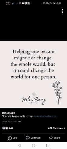 a facebook post that says helping one person might not change the whole world , but it could change the world for one person .