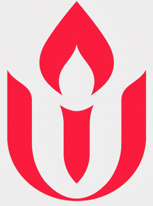 a red and white logo that looks like a flower