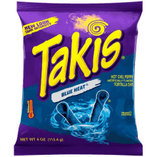 a purple bag of takis blue heat tortilla chips