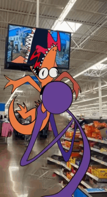 a cartoon drawing of a monster in a store with a tv above it