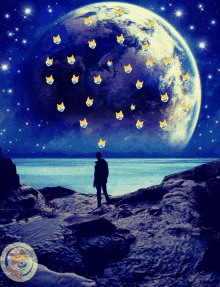 a man stands on a rocky cliff looking at a large planet