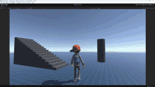 a screenshot of a video game with a person standing in front of stairs and a cylinder