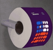 a roll of toilet paper with a purple wrapper is hanging on a wall .