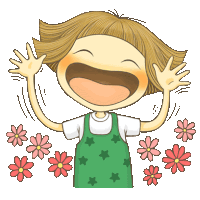 a cartoon of a girl laughing with flowers behind her