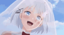 a close up of a white haired anime girl with blue eyes .