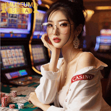 a woman wearing glasses and a white shirt that says casino on the sleeve