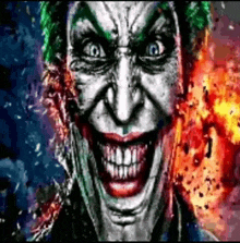 a close up of a joker 's face with a large smile on his face .