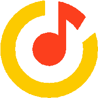 a yellow circle with a red music note in the center