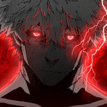 a close up of a person 's face with red eyes and lightning behind them