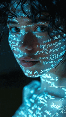 a close up of a person 's face with a lot of writing on it