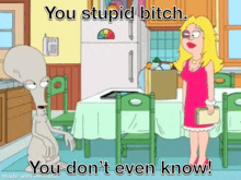 a cartoon of a woman standing next to a gray alien with the caption you stupid bitch you don 't even know