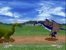 two dragons are fighting in a video game and one of them has a critical hit on it