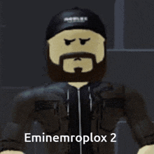 a roblox character with a beard wearing a hat and a jacket .