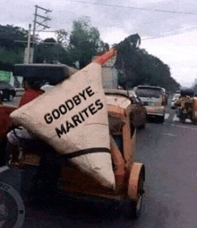 a person is carrying a bag that says goodbye marites