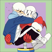 a drawing of two skeletons hugging each other with the letters t and t visible