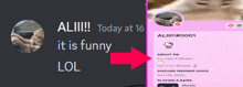 a screenshot of a person 's discord account with the words ali today at 16 it is funny lol