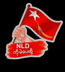 a sticker of a hand holding a red flag with the word nld on it